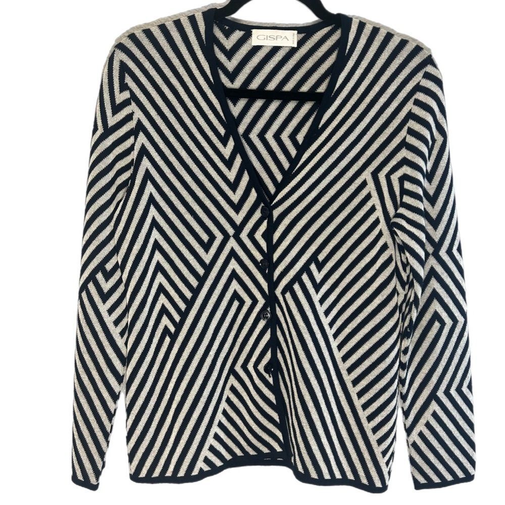 GISPA made in Italy Wool Blend Cardigan Black & Grey Geometric Size Small